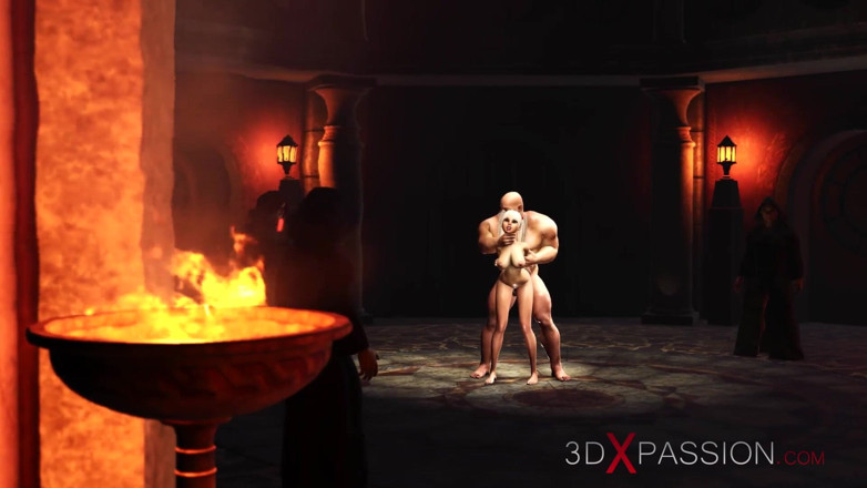 3dxpassion: 儀式。セクシーな若いブロンドは、中世の城で大きな男に激しく犯されます