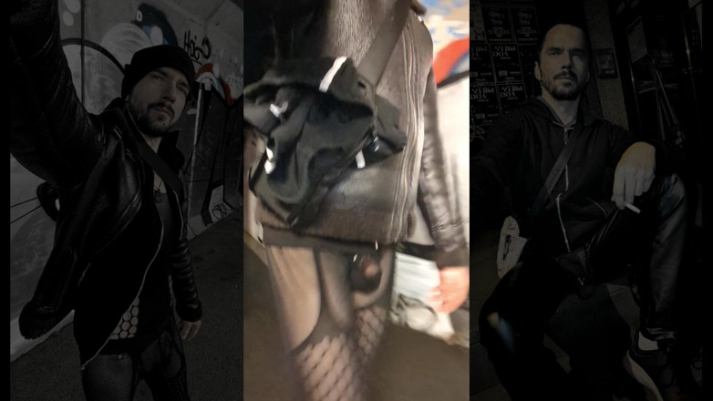 kinkygaynudist: Promenade Torride Sous La Pluie (jarretelles Et Meggings De Bosse)