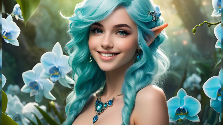 LustRender: 美丽的精灵女孩在蓝色兰花花园
