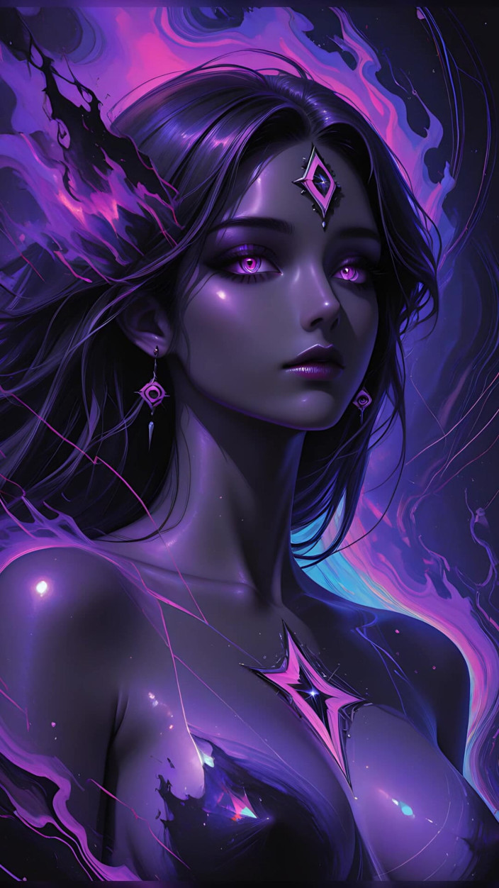 VelvetInk Studio: 神秘的宇宙女神与发光的紫罗兰眼睛黑暗幻想 ai 艺术幻灯片