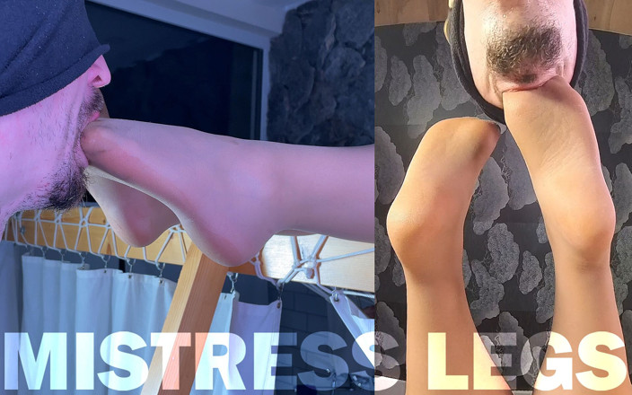 Mistress Legs: Фут-фетиш раб лижет и сосет ступни госпожи в смазаных колготках мясистого цвета