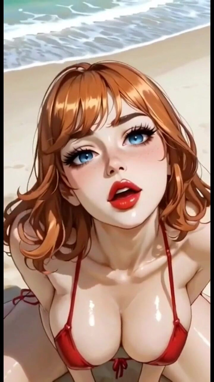 Hot girl dancing: 해변에서 신음하는 귀여운 빨간 머리 비키니, Ai Animation