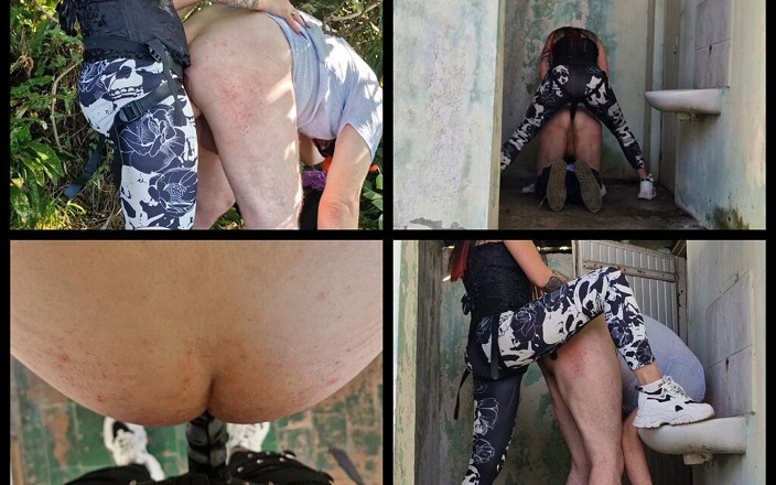 Dominatrix Nika: 철도 근처의 자연의 덤불에서 페깅하고 사람들이 걷는 도로 옆에있는 유틸리티 룸에서 페깅.