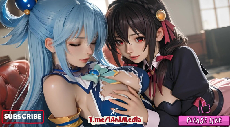 Ianimedia: Konosuba 소프트 쇼의 Sfw Aqua와 Yunyun은 레즈를 만지고 키스합니다.