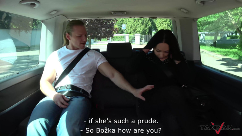 Take Van: Sad brunette celebrating life and fuck stranger in driving car