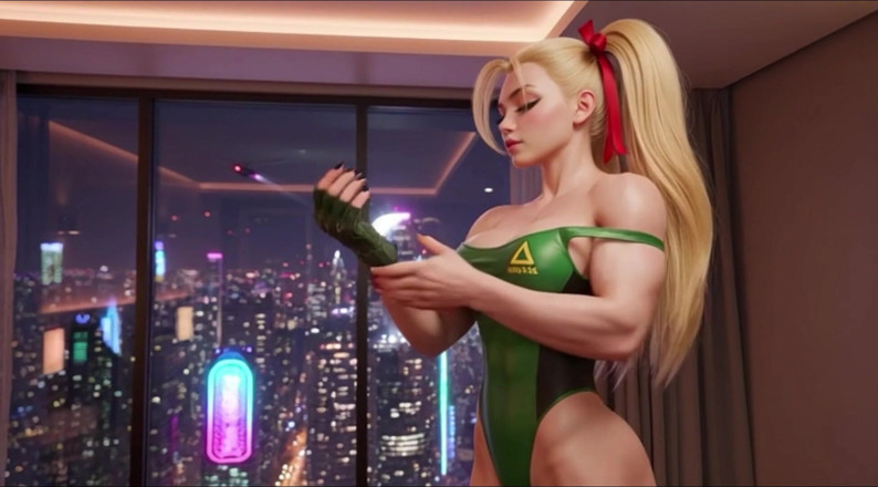 My night collection: Cammy Street Fighter косплей-крошка медленно раздевает ее знаковый зеленый наряд перед душем