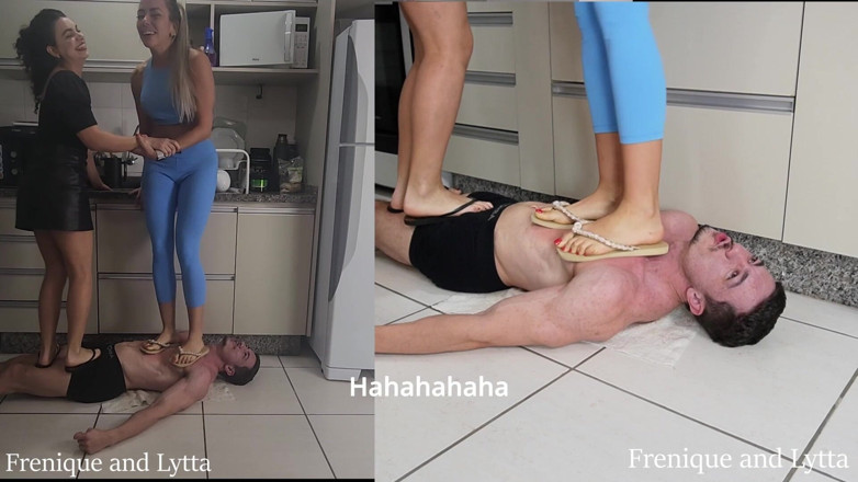 Queen Lytta ballbusting and cum lick: Frenique and Lytta - Hard Double Trampling and Ballbusting
