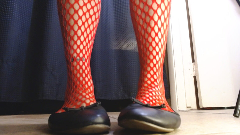 Abby Anna: Red Fishnets Ballet Flats Shoeplay Dipping Toe Wiggling