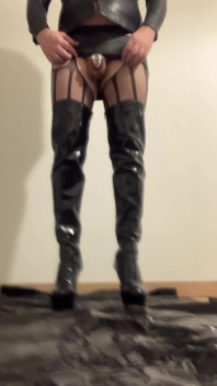 라텍스 하이힐 허벅지 하이 부츠