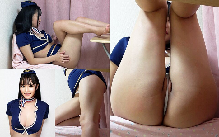 Gals apartment: 책상 밑에서 본 모습, 브래지어가 없는 자연스러운 가슴 유니폼, 미니스커트, 마이크로 끈 팬티를 입고 의자에 앉아 있는 일본 승무원이