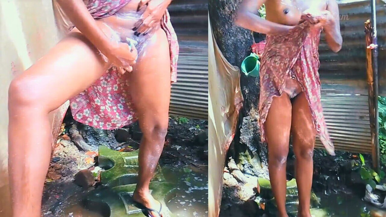 Desi_cum: Обнаженная тетушка дези купается на улице и бреет ее киску