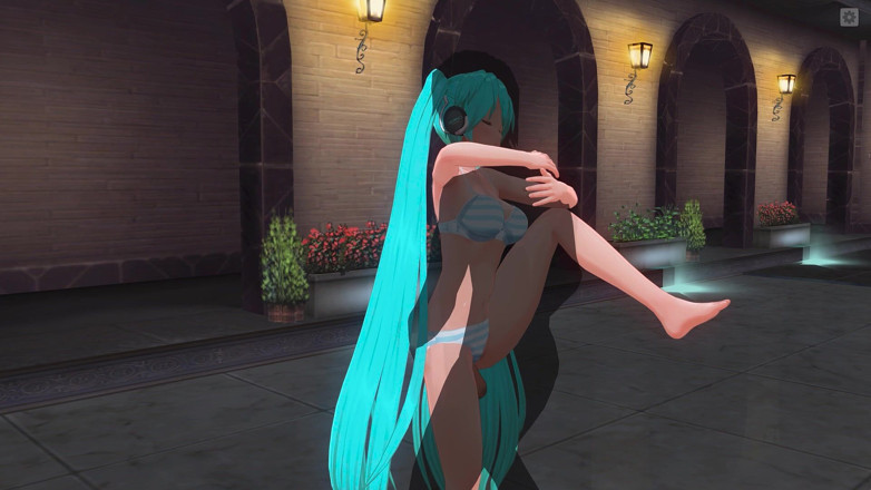 H3DC: Hentai 3D. Miku dalam pakaian renang dikongkek di tepi kolam
