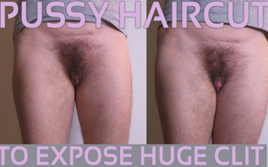 FTM Kinky cuntboy: खड़े होने पर विशाल एफटीएम क्लिट को बेनकाब करने के लिए चूत के बाल कटे