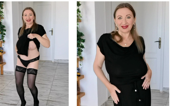 MariaOld: 흑인 스타킹과 하이힐을 신고 자연의 거대한 젖탱이를 흔드는 핫한 밀프
