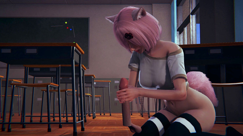 Waifu club 3D: Неко студентка дрочить твій член
