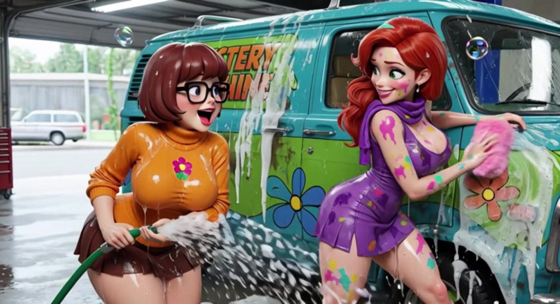 My night collection: Velma y Daphne disfrutan de un sensual lavado de autos...