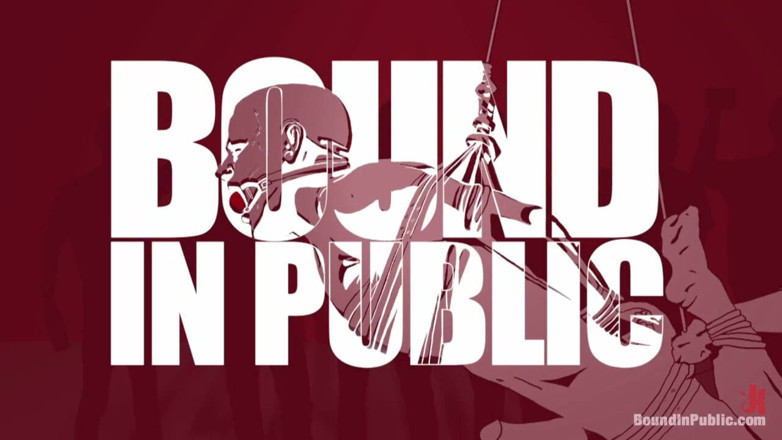 Bound in public: Dekhengst in een metalen kooi wordt geneukt door geile barbeschermers