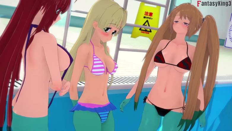 Fantasy king: Rias &amp;akeno Thresome enquanto phonecall e akeno fodidos em piscina - Dxd...