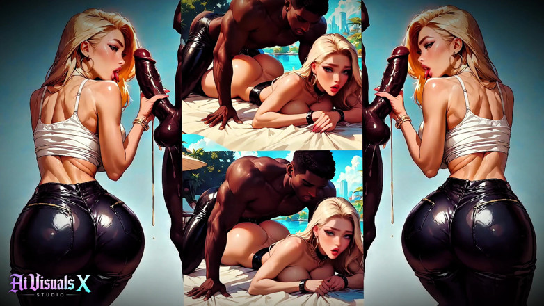 AI Visuals X: (4k) Ai 3D Animovaný - Sexy blonďatá děvka BBC Mezirasové sání a šukání (ai...