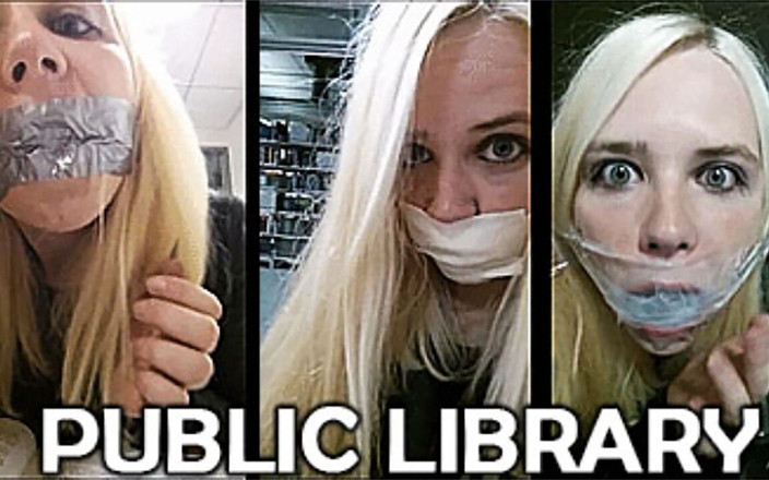 Selfgags classic: Selbst geknebelte blondine in der öffentlichen bibliothek