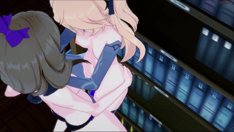 Hentai Smash: Lisa strapon šuká Fischl v knihovně. Genshin náraz hentai