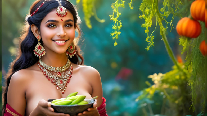 LustRender: Hermosa chica elf india desnuda de grandes pechos con flor