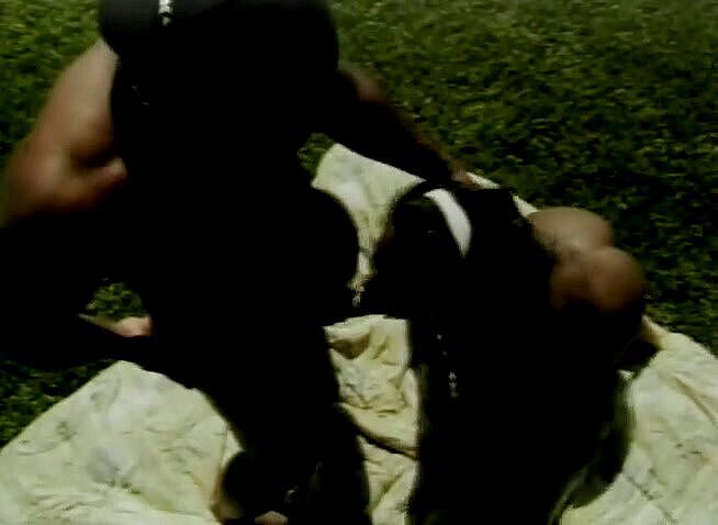 Black Jass: Busty ebony slut blows black cock and gets fucked outdoors