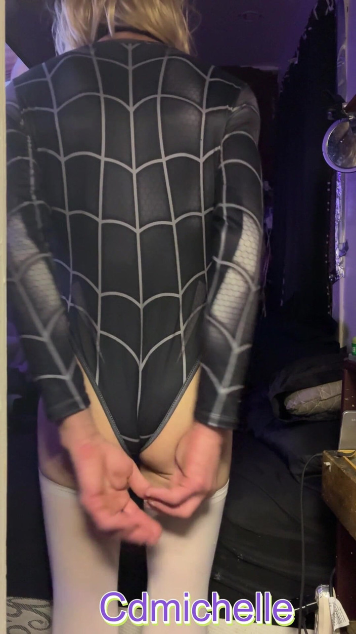 Cd Michelle lingerie: Crossdresser Michelle Nosí Spiderman Onepiece Badysute Hraní S Velkým Ptákem