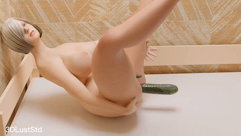 3DLustStd: Пухлая милфа-блондинка мастурбирует с двойным огурцом, аналом и киской