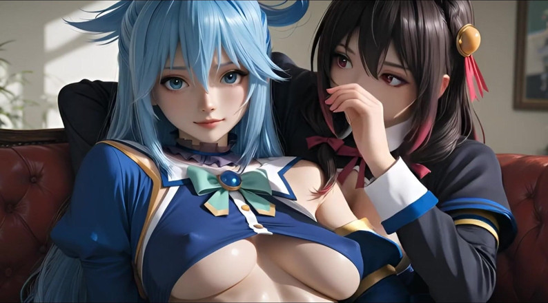 Ianimedia: SFW Aqua et Yunyun de Konosuba, soft, show lesbien, toucher...
