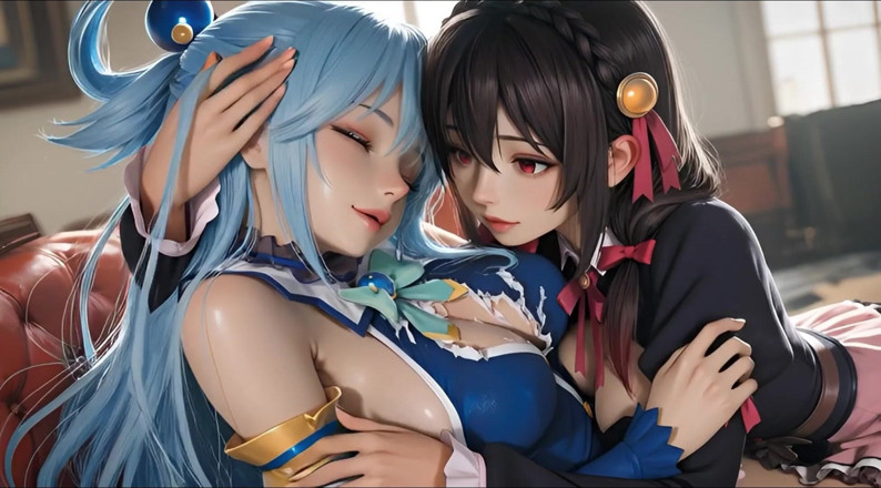 Ianimedia: Sfwのアクアとユンユン(この都が素晴らしい世界に祝福)のソフトショーがレズビアンに触れてキスする
