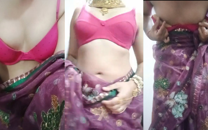Gaurisissy: インドのゲイクロスドレッサー、ボトム・ガウリシシーが紫のサリーで大きな胸を見せる