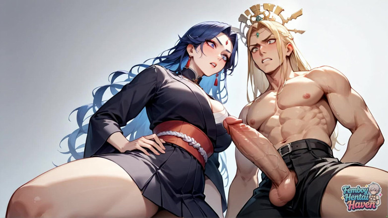 Femboy Hentai Haven: Een goudharige femboy in een witte bikini komt op handen...
