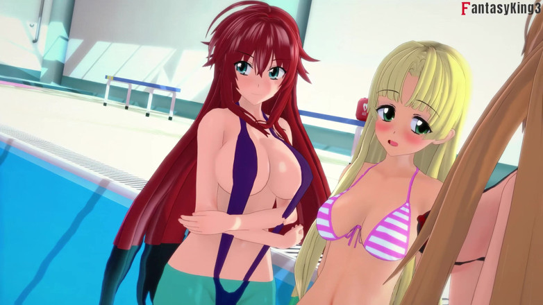 Fantasy king: Rias &amp; Akeno Thresome în timp ce Phonecall și Akeno futute în piscină - Dxd...