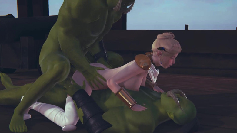 Waifu club 3D: Dvě orky zinscenovány dvojitou penetraci do roztomilého elfa