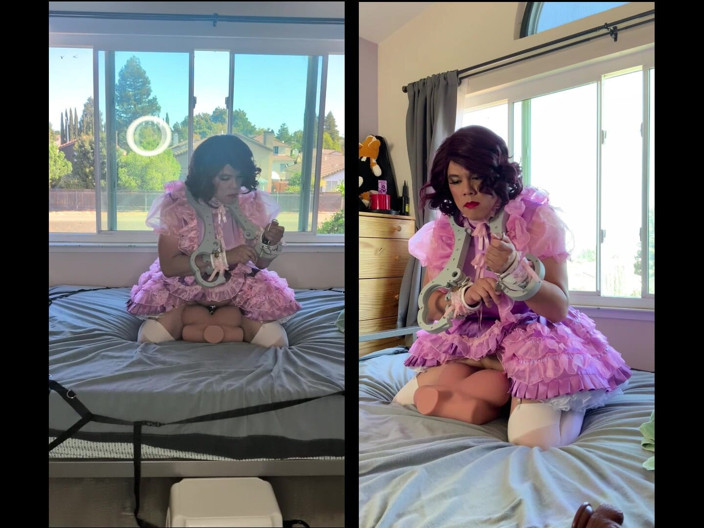 Sissy Candy: Pink Satin Sissy Maid Rides Her Sex Doll Toy While...