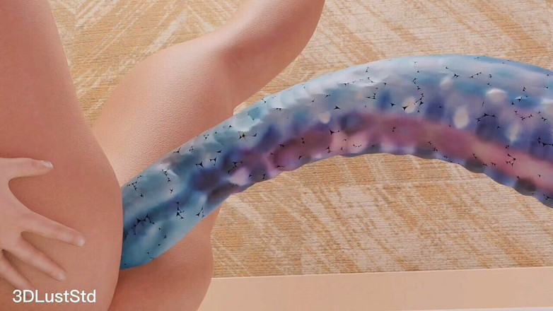 3DLustStd: 레즈 후장 속의 긴 외계인 문어 딜도 기계