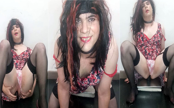 Felixa Branca: Pretty Crossdresser Fucking Black Dildo in Sexy Dress