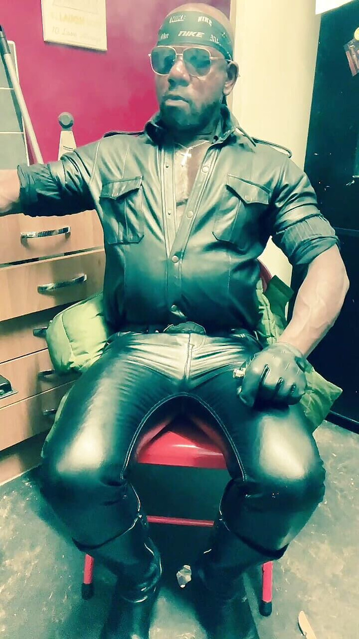 Black Muscle Stepdad: Smoking Black Leather Man