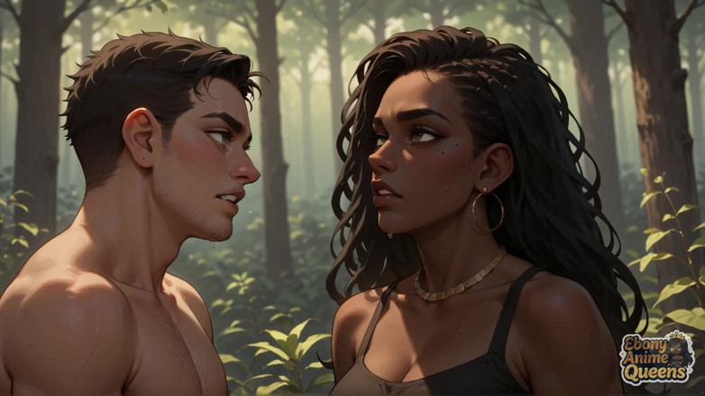 Ebony Anime Queens: Felicidad oral en el bosque con chorreo de leche - negro...