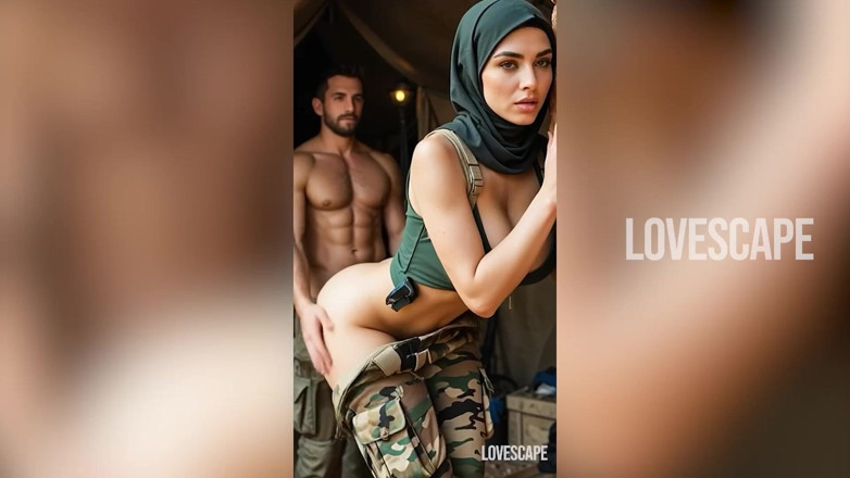 Lovescape: Awek bertudung tentera mengambil platun mentah (ai Gen)
