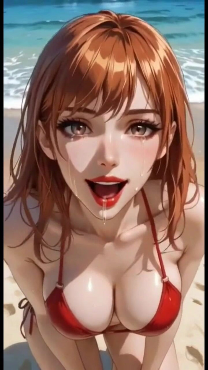 Hot girl dancing: Linda pelirroja en bikini gimiendo en la playa, animación Ai