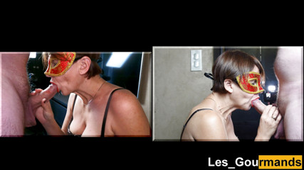 Les Gourmands: Gemaskerde milf geeft een pijpbeurt en slikt het sperma in...