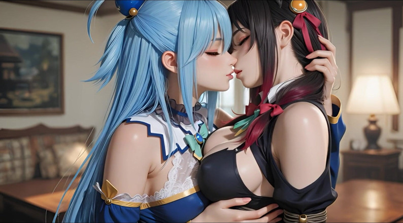 Ianimedia: Konosuba soft show'dan sfw aqua ve yunyun lezbiyene dokunuyor ve öpüşüyor