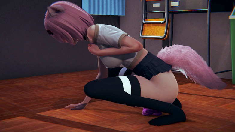 Waifu club 3D: Neko, étudiante, se masturbe avec un gode rose