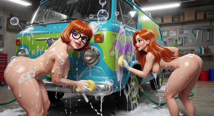 My night collection: Velma ve Daphne şehvetli sabunlu çıplak araba yıkamanın tadını çıkarıyor klasik gizemli makine...
