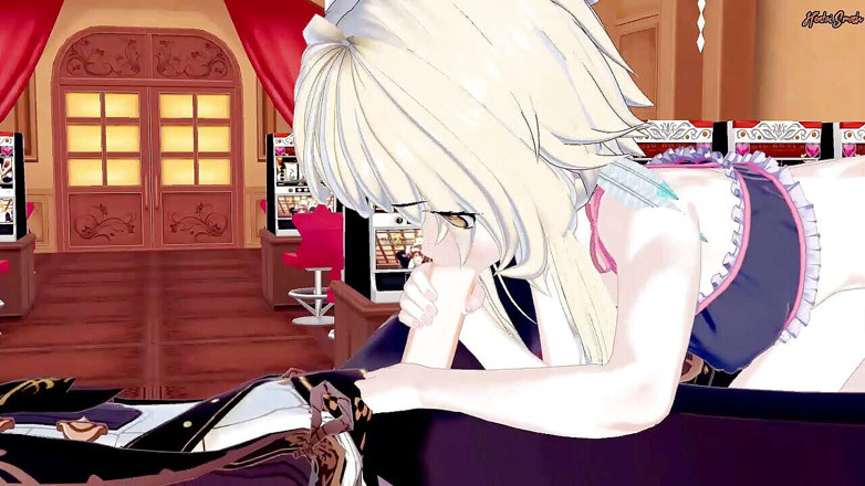 Hentai Smash: Lumine suce profondément la bite de Diluc, crache sa dose...