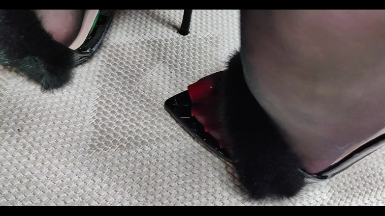 Goddess Lena: Black Pantyhose &amp; Plush Mules