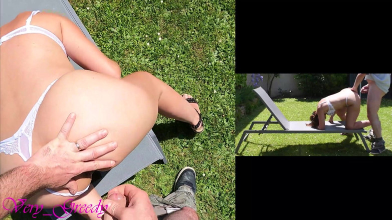 Les Gourmands: Mooie milf in sexy witte lingerie wordt buiten op zijn...