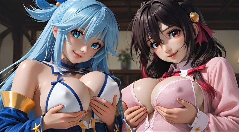 Ianimedia: SFW Aqua et Yunyun de Konosuba, soft, show lesbien, toucher...